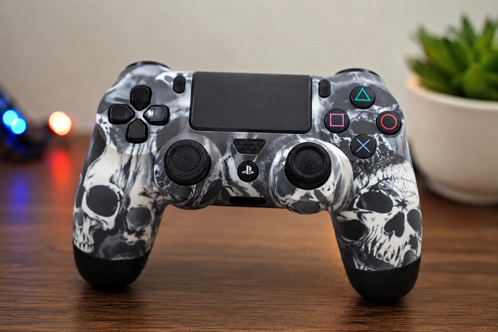 دسته بازی سونی مدل SONY PS4 DualShock 4 High Copy طرح اسکلت روی میز گیمینگ با طراحی فانتزی مشکی سفید، مناسب کنسول PlayStation 4 و بازی‌های FIFA، FC، GTA V و Call of Duty